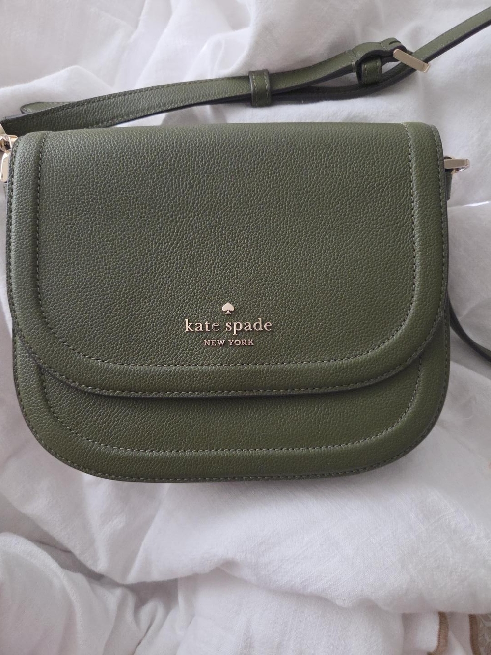 kate spade olive pebbled leather flap crossbody with gold logo